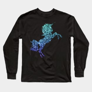 Dark Teal and Blue Ombre Faux Glitter Unicorn Long Sleeve T-Shirt